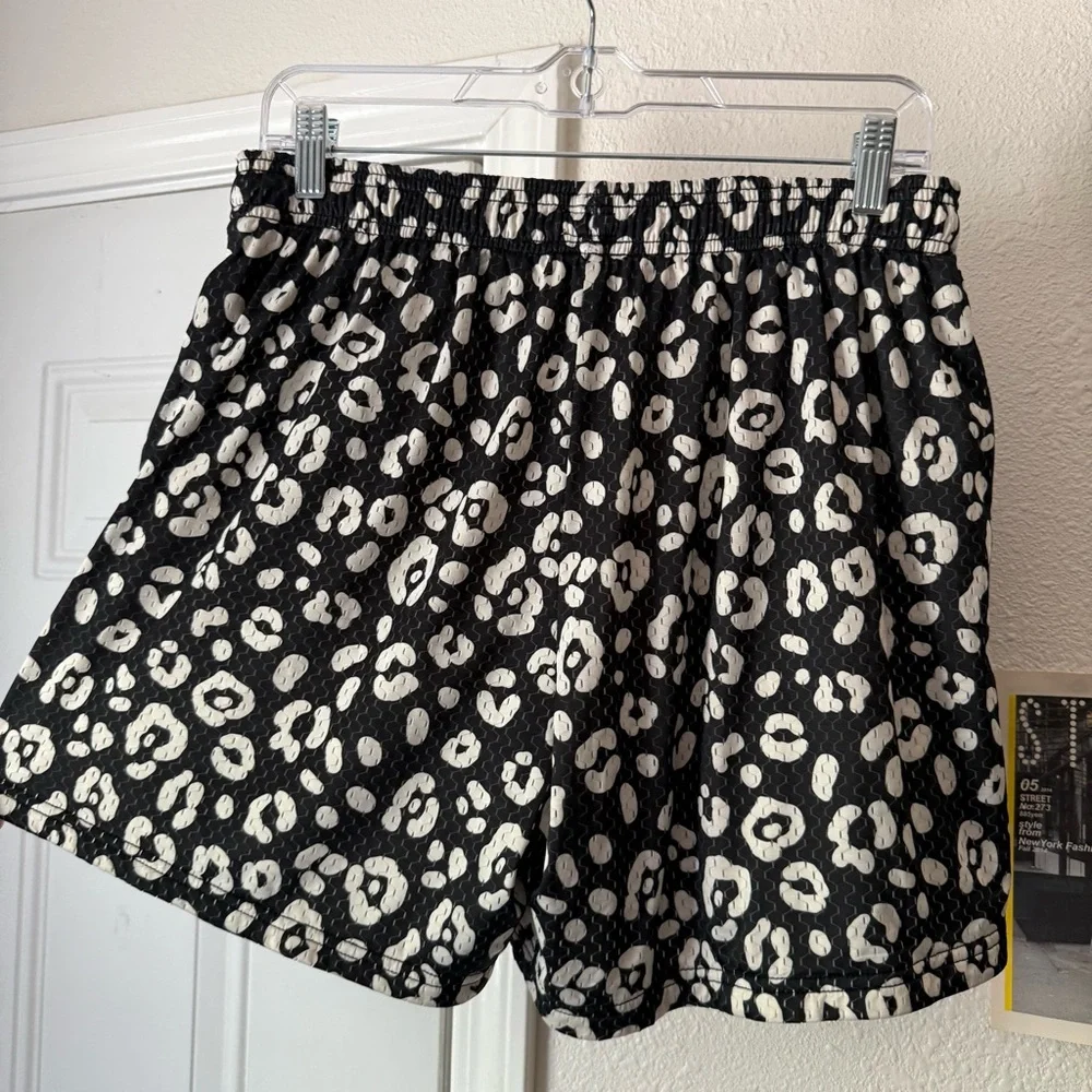 DUVIN black and white leopard cheetah‎ animal elastic waist mesh shorts
